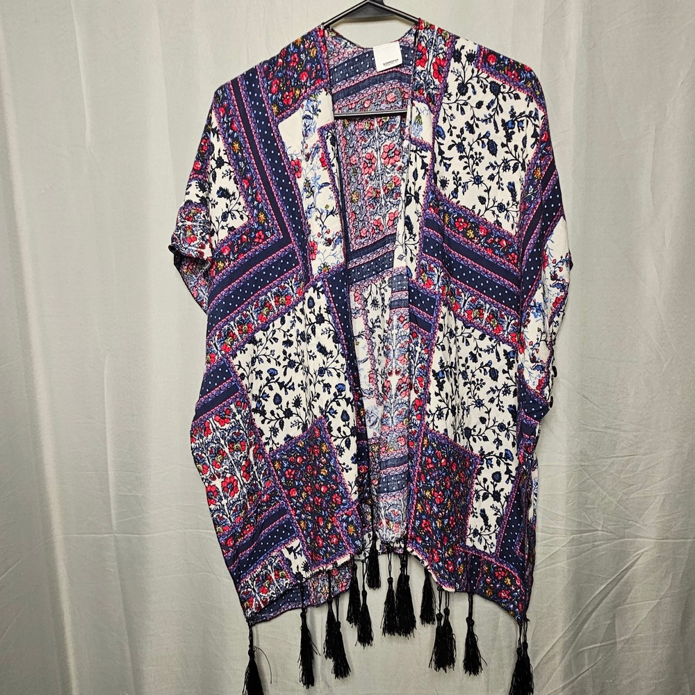 Bohemian Kimono Cardigan Womens OS Blue Floral Patchwork Tassel Trim  Wrap Gypsi
